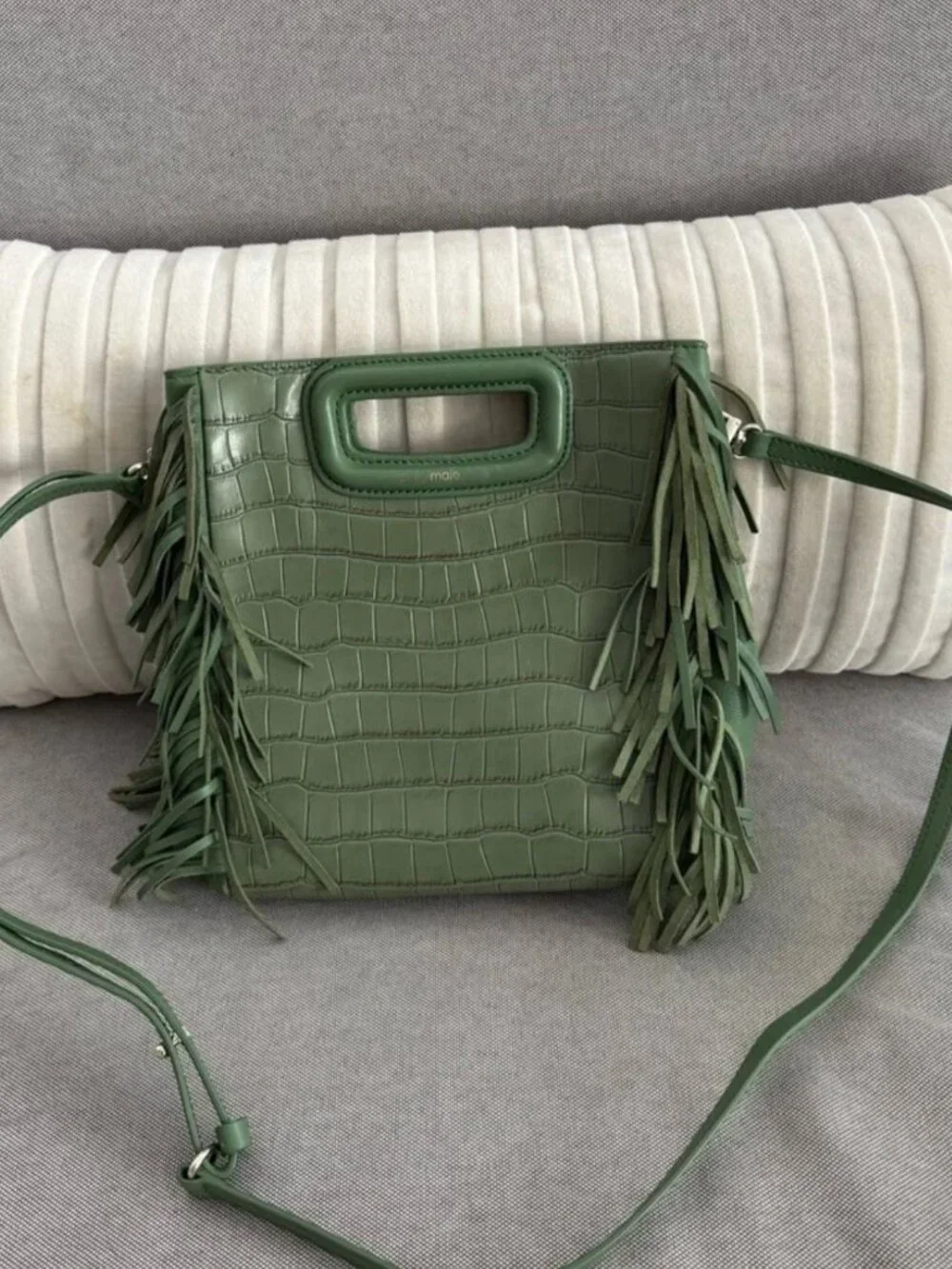 Maje | Limited Edition Olive Leather Crocodile Embossed Fringe Crossbody Bag